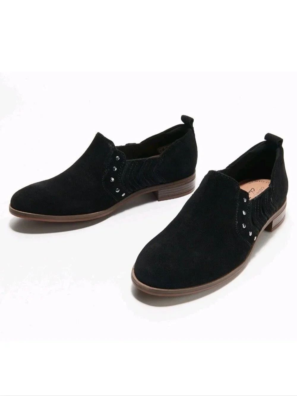 Clarks Collection Black Suede Trish Bell Studded Slip On Booties Size 9 WIDE